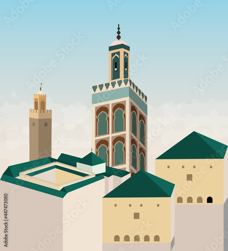 Fes landscape, panorama of the old Moroccan city, vector illustration