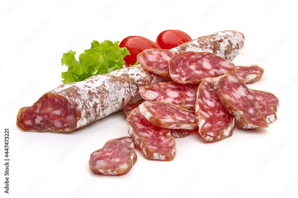 Dry cured fuet sausage, isolated on white background. High resolution image.