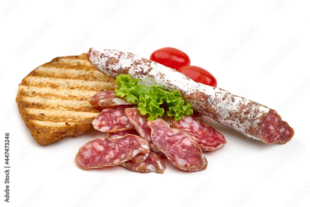 Cured fuet sausage, isolated on white background. High resolution image.