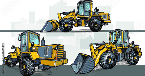 Old road scraper with an earthmoving blade - hand drawn sketch