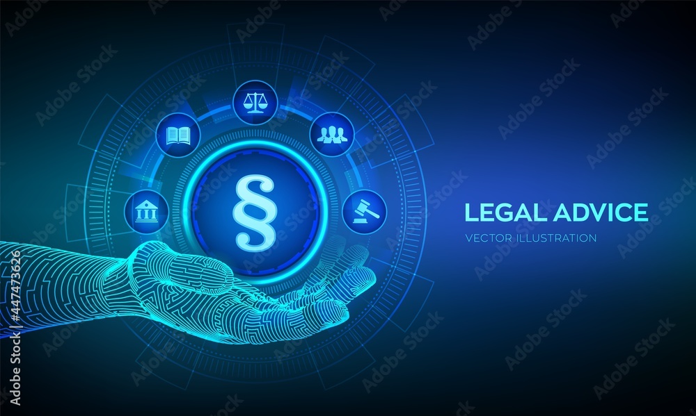 Obraz premium Paragraph icon as a sign of justice and law in robotic hand. Labor law, Lawyer, Attorney at law, Legal advice concept on virtual screen. Protection of rights and freedoms. Vector illustration.
