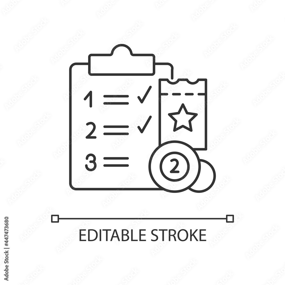 Lottery session program linear icon. Various prize levels. Lotto games. Online gambling. Thin line customizable illustration. Contour symbol. Vector isolated outline drawing. Editable stroke Lottery session program linear icon. Various prize levels. Lotto games. Online gambling. Thin line customizable illustration. Contour symbol. Vector isolated outline drawing. Editable stroke