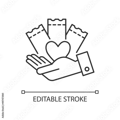 Charitable lottery game linear icon. Fundraising opportunities. Conduct charity gaming activities. Thin line customizable illustration. Contour symbol. Vector isolated outline drawing. Editable stroke