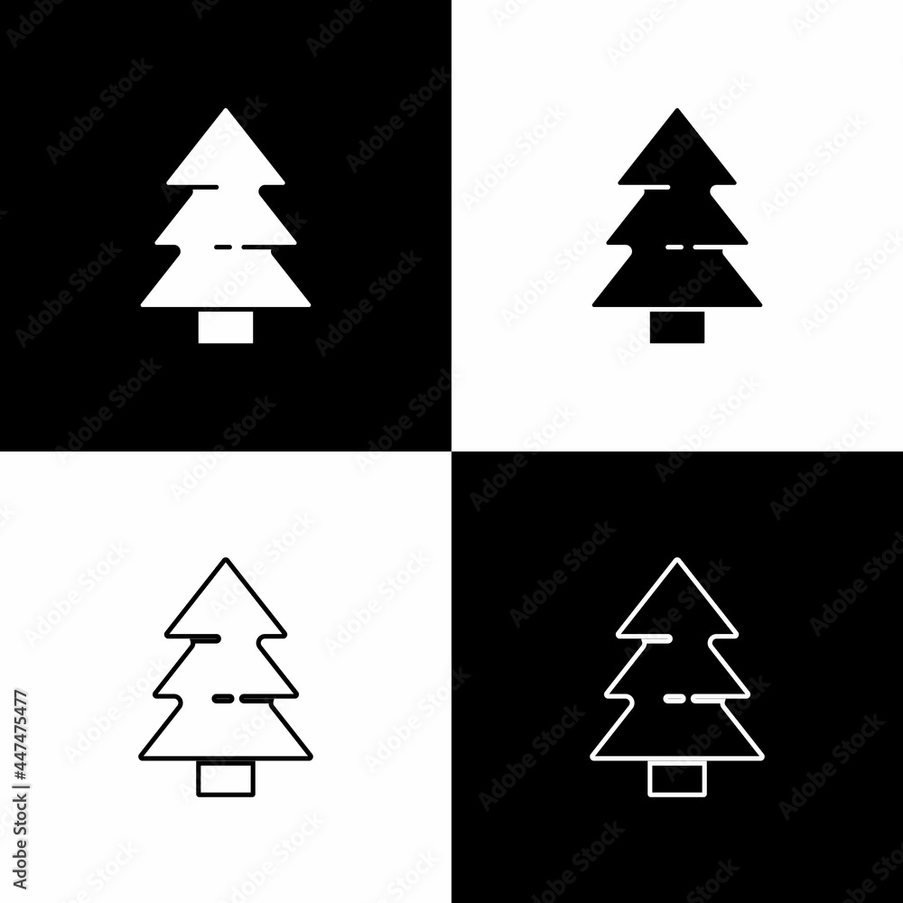 Obraz premium Set Christmas tree icon isolated on black and white background. Merry Christmas and Happy New Year. Vector