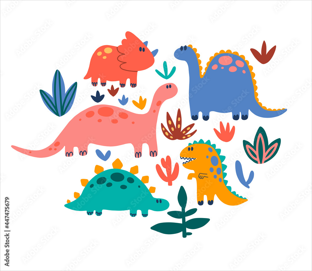 Obraz premium Big set of cute dinosaurs for children. Colorful dino of hand drawn style. Baby clipart design. Vector illustration of dinosaurs and prehistoric vegetation isolated on a white background.