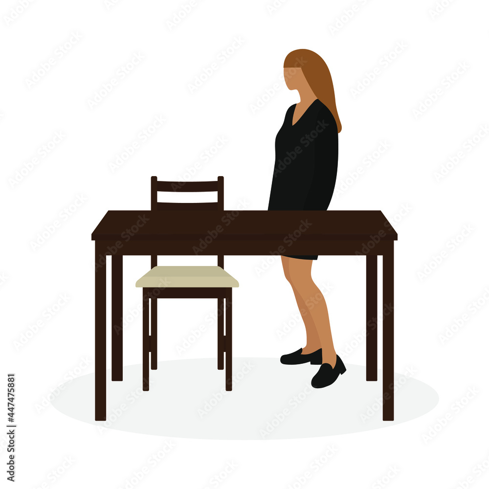 Female character stands near the kitchen table and chair on a white background