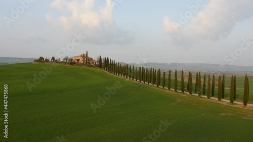 Aerial Drone Footage View Of sunset hill green in San Quirico d’Orcia in Siena Tuscany Italy // no video editing
