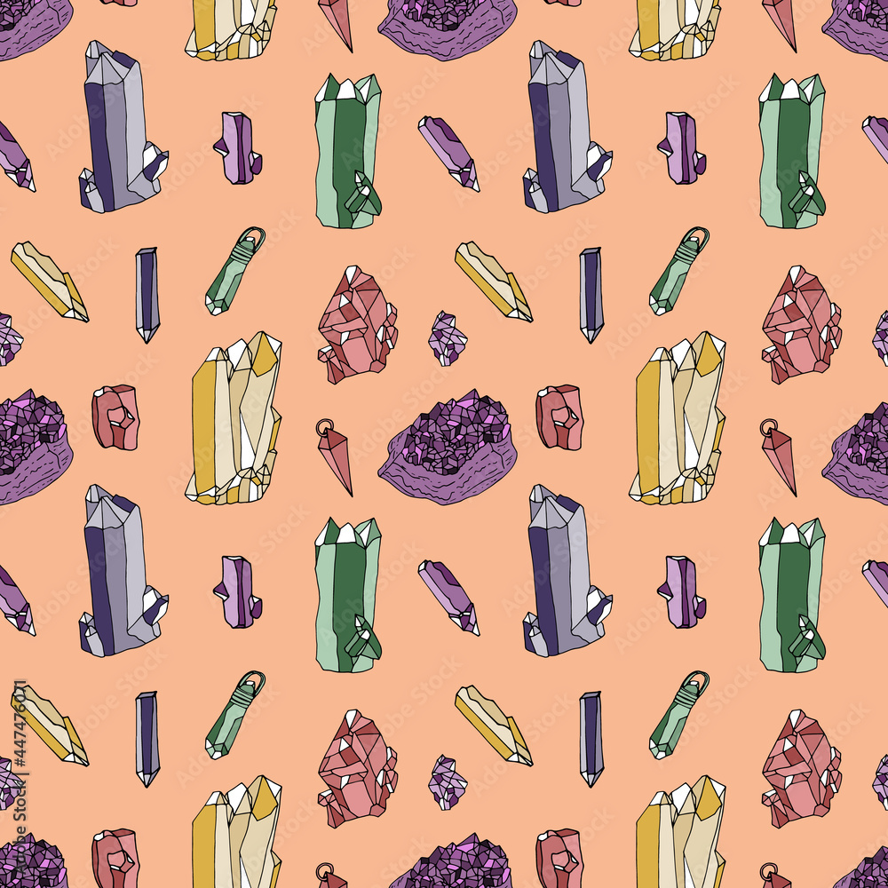 Obraz premium Seamless pattern with hand drawn colorful crystals and pendants on pink background. Gemstone repeat texture.