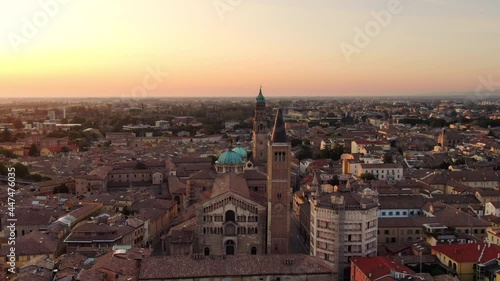 aerial view drone of parma city centre cathedral baptistery at sunrise,italian town skyline cityscape at dawn photo