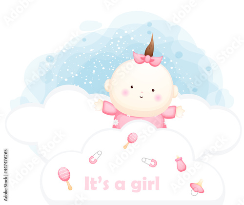 Cute baby girl behind cloud cartoon character illustration Premium Vector