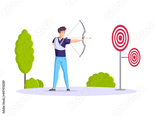 Disabled archer aiming with sports bow. Male athlete with amputated hand holding archery equipment