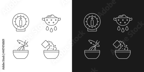 Food preparation linear icons set for dark and light mode. Kitchen timer. Cooking instruction. Recipe step. Customizable thin line symbols. Isolated vector outline illustrations. Editable stroke