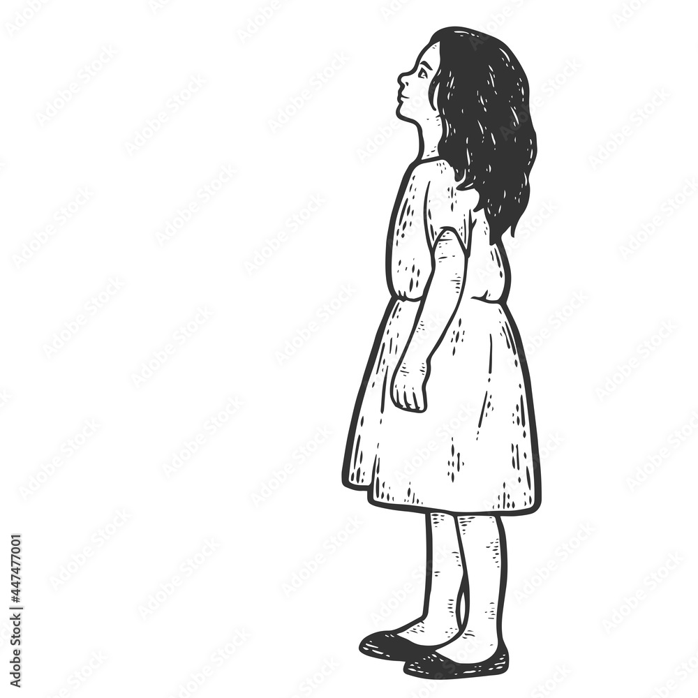 Girl looking up. Sketch scratch board imitation coloring. Engraving raster. Girl looking up. Sketch scratch board imitation coloring. Engraving raster.