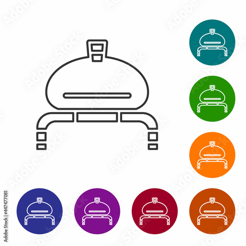 Black line Bread and salt on towel icon isolated on white background. National food loaf. Traditional ukrainian wedding bread. Set icons in color circle buttons. Vector