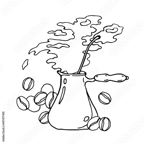 A turk for making coffee. Coffee beans. Vector on a white background. 