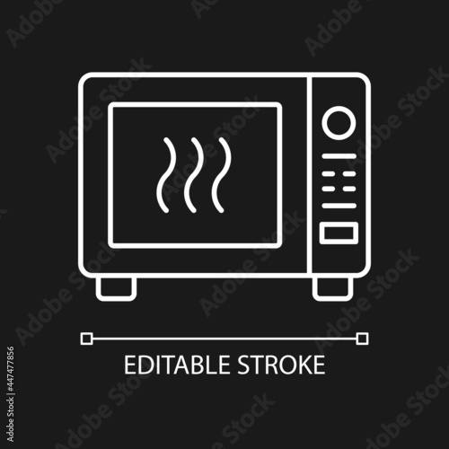 Microwave white linear icon for dark theme. Oven to heat ready made meals. Roasting dinner in stove. Thin line customizable illustration. Isolated vector contour symbol for night mode. Editable stroke