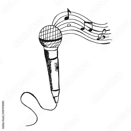 Vector hand drawn vintage microphone and notes. Drawing. Musical design element or background.