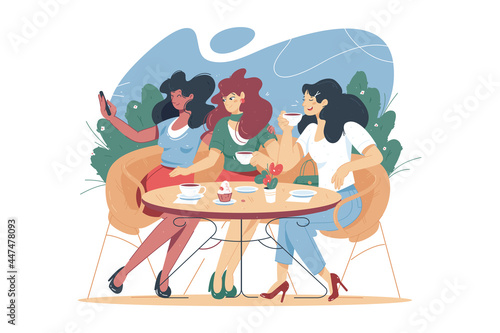 Cartoon people spending time in street cafe