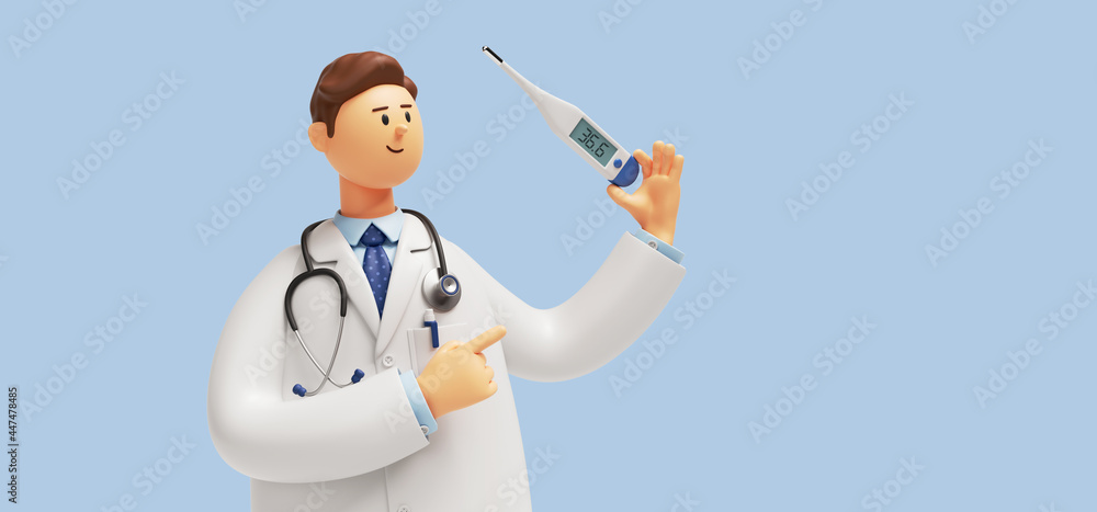3d render, doctor cartoon character with stethoscope, holds thermometer. Medical clip art isolated on blue background 3d render, doctor cartoon character with stethoscope, holds thermometer. Medical clip art isolated on blue background