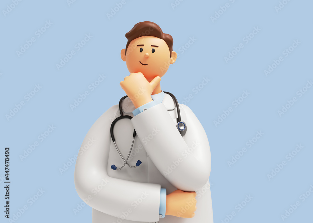3d render. Doctor cartoon character wearing stethoscope, looking at camera and thinking. Clip art isolated on blue background. Professional consultation. Medical concept - obrazy, fototapety, plakaty 