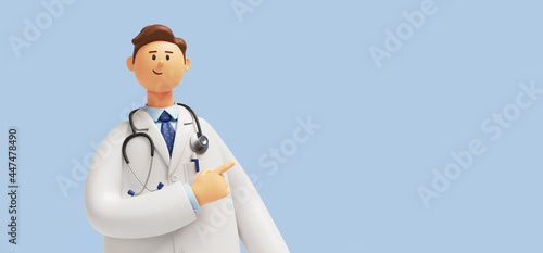 3d render. Human doctor cartoon character with stethoscope, looks at camera. Clip art isolated on blue background. Professional consultation. Medical concept