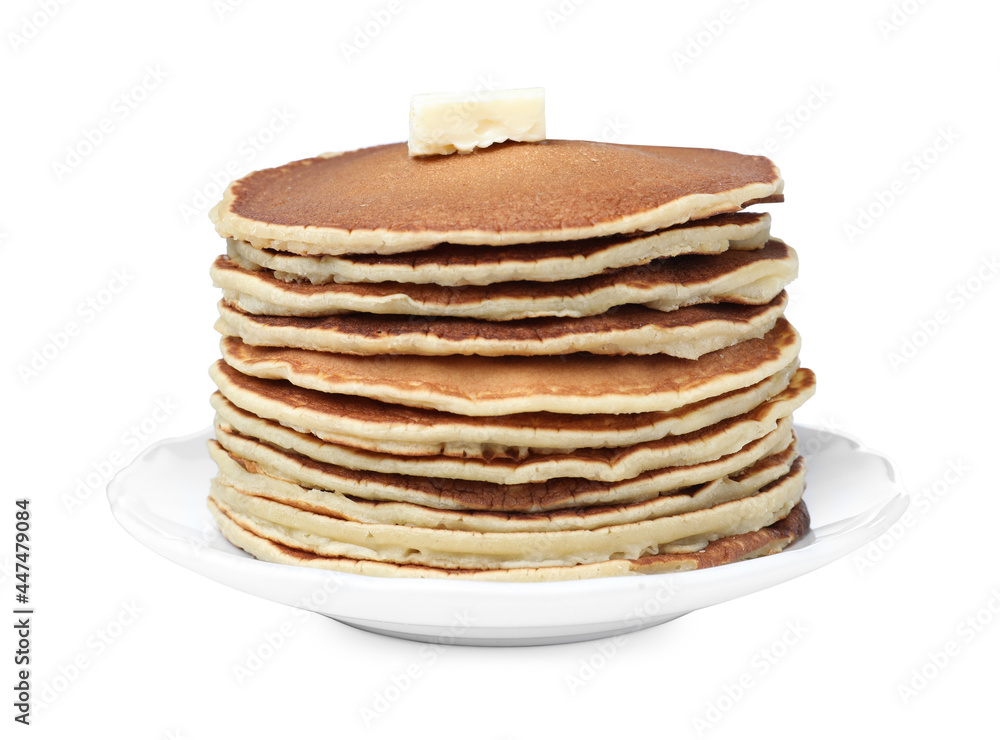 Stack of tasty pancakes with butter on white background Stack of tasty pancakes with butter on white background