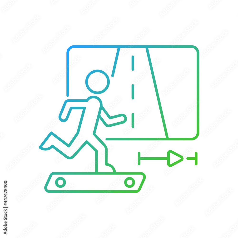 Online fitness jogging gradient linear vector icon. Running and travelling in virtual reality. Treadmill activities. Thin line color symbols. Modern style pictogram. Vector isolated outline drawing Online fitness jogging gradient linear vector icon. Running and travelling in virtual reality. Treadmill activities. Thin line color symbols. Modern style pictogram. Vector isolated outline drawing