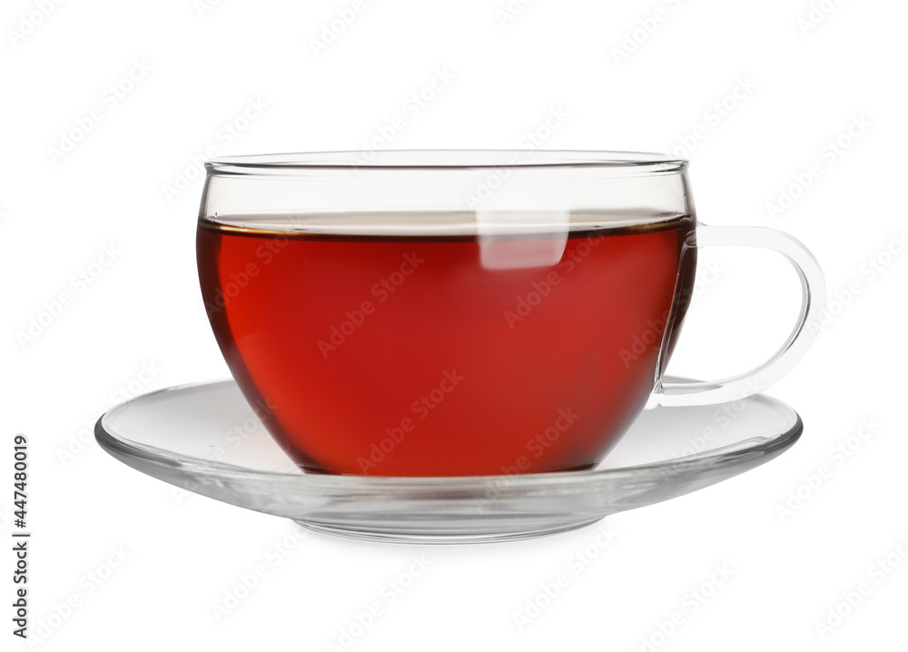 Glass cup of freshly brewed tea isolated on white Glass cup of freshly brewed tea isolated on white