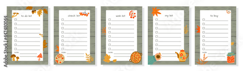 Templates for to-do list, wish list, check list  and shopping list decorated with autumn elements. Set of agenda blank lists for daily planning with place for Notes. Vector illustration, doodle style