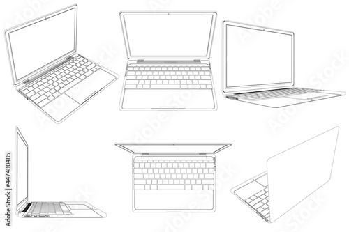 Set with the contours of a laptop in different positions isolated on a white background. Vector illustration