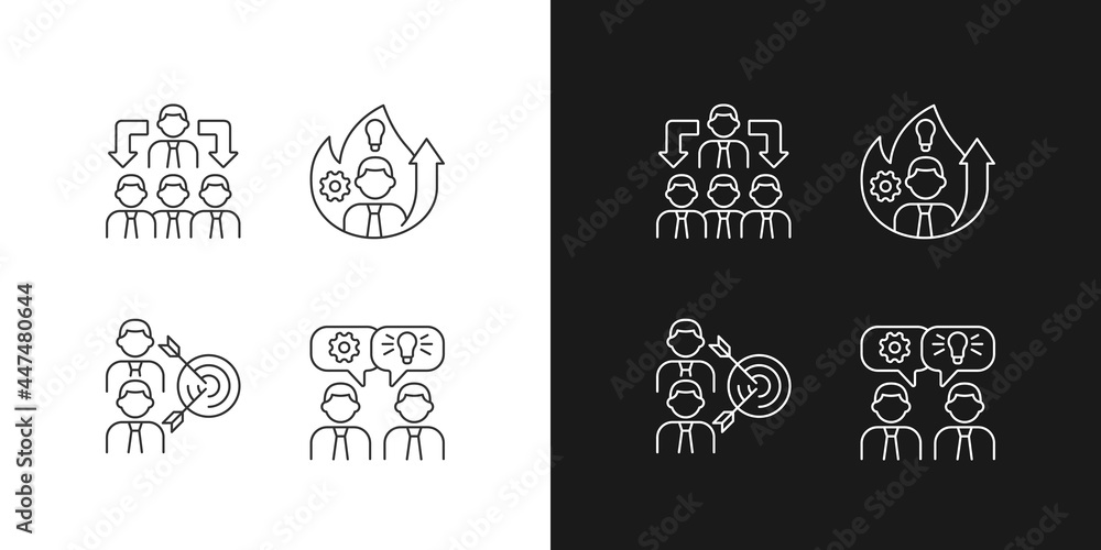 Working together linear icons set for dark and light mode. Office members coordination. Brainstorming. Coworking. Customizable thin line symbols. Isolated vector outline illustrations. Editable stroke