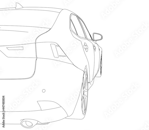 Contour of a part of a sports car isolated on a white background. Back view. Vector illustration