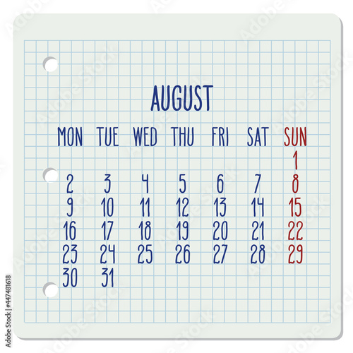 August year 2021 monthly calendar