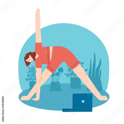 Young woman doing yoga exercises with video course at home. Cozy room interior background with laptop, plants. Flat vector illustration.