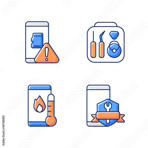 Cellphone recovery related RGB color icons set. Device fixing service. Phone common problems. Memory card issue. Overheated phone. Isolated vector illustrations. Simple filled line drawings collection
