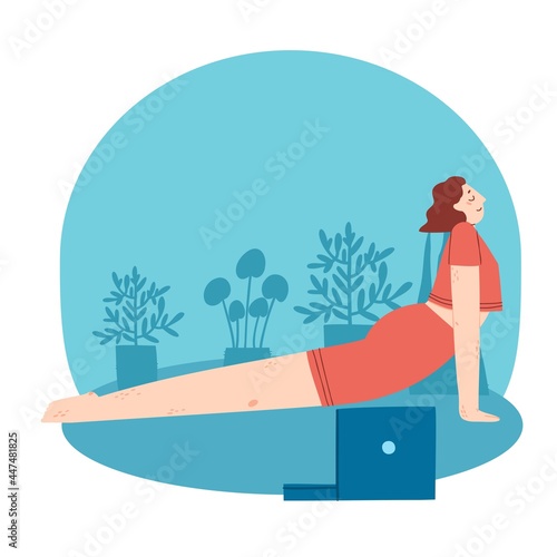 Young woman doing yoga exercises with video course at home. Cozy room interior background with laptop, plants. Flat vector illustration.