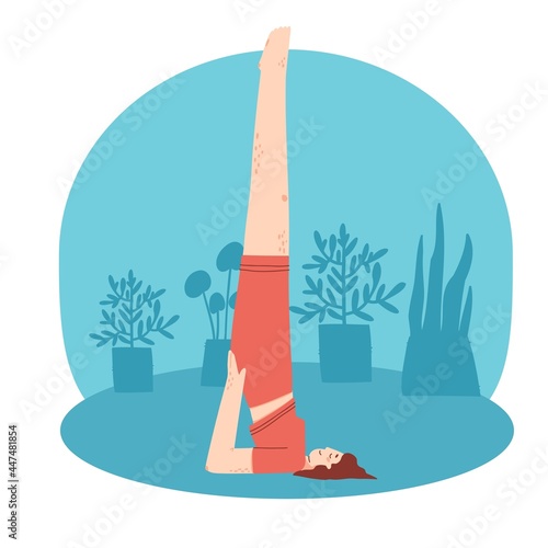 Young woman doing yoga exercises at home. Cozy room interior background with home plants. Flat vector illustration.