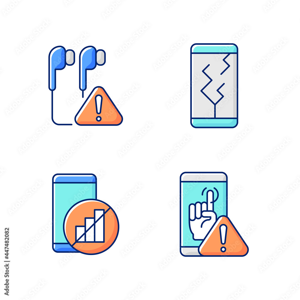 Vecteur Stock Smartphone breakdowns RGB color icons set. Earphones