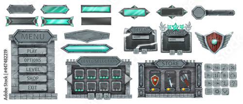 Stone fantasy game user interface set, vector UI medieval rock panel background, boulder frame, button. Ancient wooden RPG shield, sign board banner kit, winner badge award. Dark stone game assets