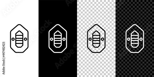 Set line Rafting boat icon isolated on black and white background. Inflatable boat. Water sports, extreme sports, holiday, vacation. Vector Illustration