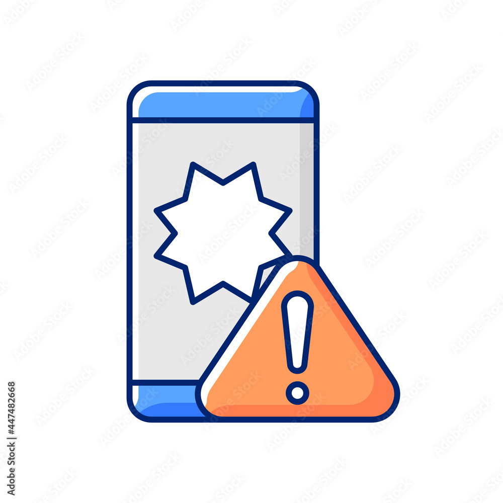 Phone crashes RGB color icon. Smartphone and exclamation mark. Restarting and freezing mobile apps problem. Not responding device. Isolated vector illustration. Simple filled line drawing Phone crashes RGB color icon. Smartphone and exclamation mark. Restarting and freezing mobile apps problem. Not responding device. Isolated vector illustration. Simple filled line drawing