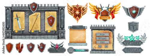 Stone medieval game kit, rock vector frame background, victory award badge, wooden shield, shop menu. User interface fantasy design element set, castle pillar, gray brick. Stone game assets on white