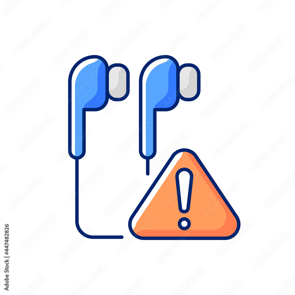 Broken earphones RGB color icon. Headphone plug problem. Distorted or fuzzy sound. Earbuds connection issue. Sound malfunction. Isolated vector illustration. Simple filled line drawing Broken earphones RGB color icon. Headphone plug problem. Distorted or fuzzy sound. Earbuds connection issue. Sound malfunction. Isolated vector illustration. Simple filled line drawing