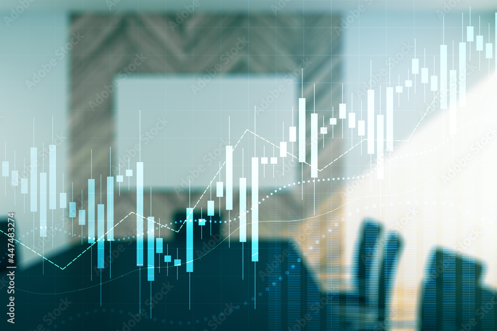 Multi exposure of virtual abstract financial diagram on a modern furnished office interior background, banking and accounting concept Multi exposure of virtual abstract financial diagram on a modern furnished office interior background, banking and accounting concept