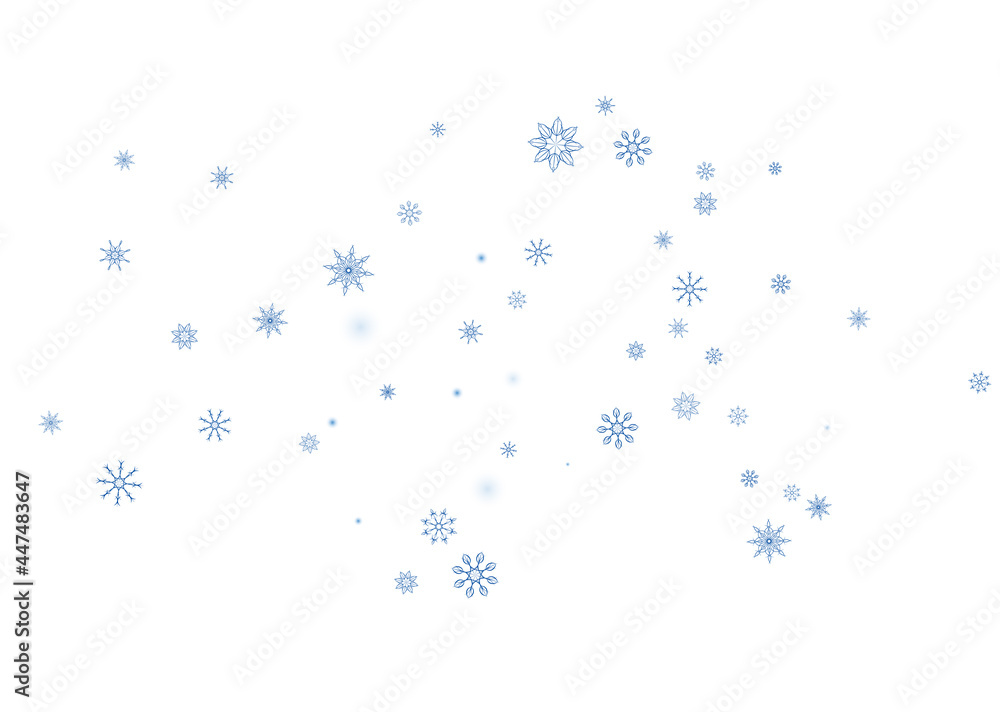 Blue delicate openwork snowflakes scatter on a white background. Festive background, postcard design, wallpaper Blue delicate openwork snowflakes scatter on a white background. Festive background, postcard design, wallpaper
