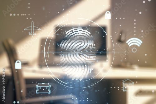 Abstract creative fingerprint illustration and modern desktop with pc on background, personal biometric data concept. Multiexposure