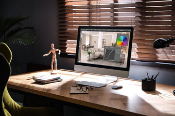 Designer's workplace. Computer with photo editor application on table indoors