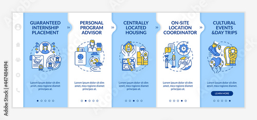 Internship program benefits onboarding vector template. Responsive mobile website with icons. Web page walkthrough 5 step screens. Guaranteed placement, advisor color concept with linear illustrations