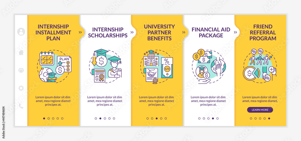 Internship programs financing options onboarding vector template. Responsive mobile website with icons. Web page walkthrough 5 step screens. Scholarships color concept with linear illustrations