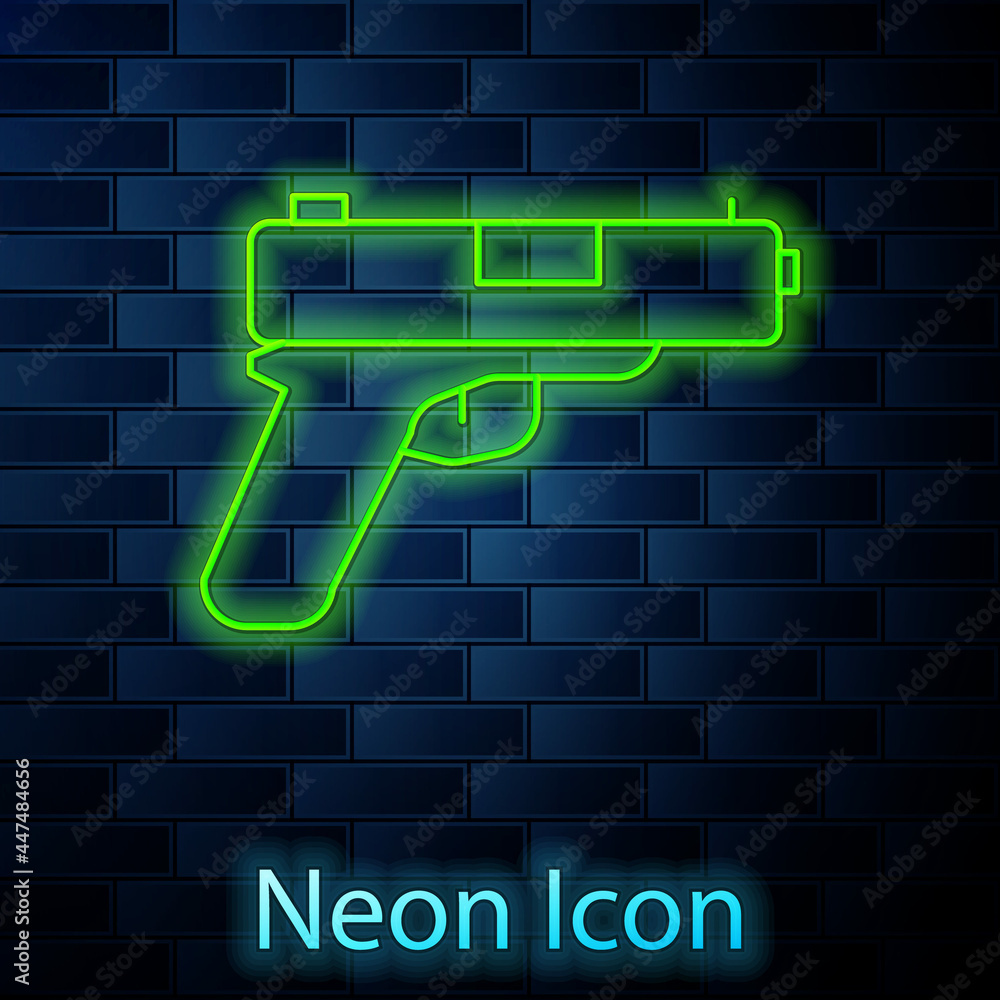 Glowing neon line Pistol or gun icon isolated on brick wall background. Police or military handgun. Small firearm. Vector Glowing neon line Pistol or gun icon isolated on brick wall background. Police or military handgun. Small firearm. Vector